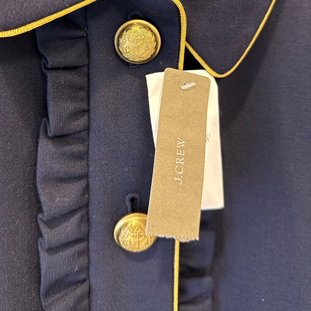 $198 J.Crew Navy Blazer Jacket Gold Crest Buttons Ruffle Front Wool Blend Size 6 - Picture 9 of 16
